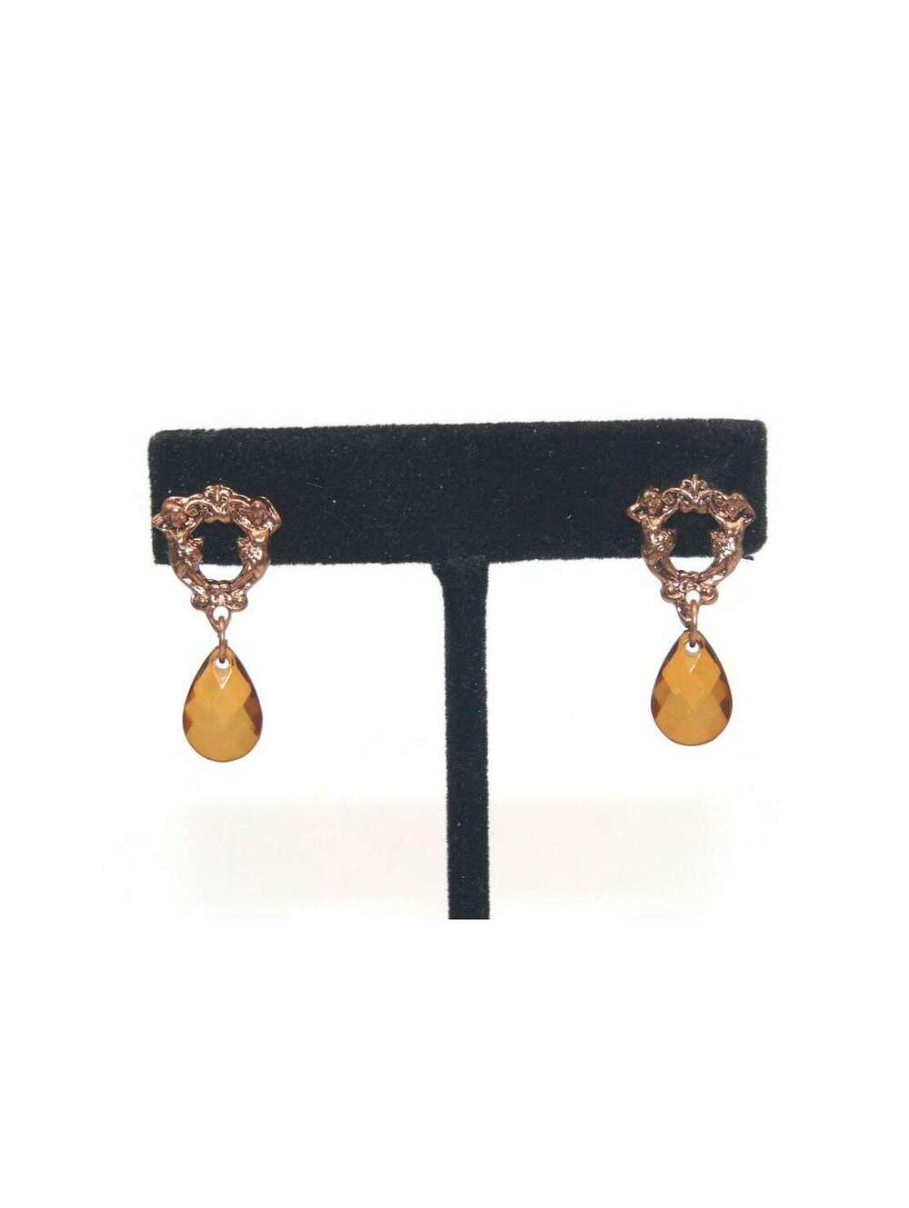 Vintage Gold Tone and Brown Plastic Dangle Earrings with Post Backs.